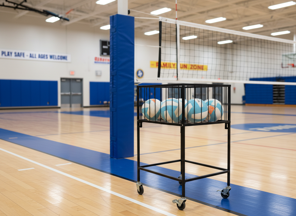 A neat row of well-maintained volleyballs organized on a black rolling ball cart positioned beside a regulation volleyball net. The cart’s metal frame and mesh basket are clearly visible, and the volleyballs feature a mix of neutral and soft school colors. The background reveals a spacious gym with clearly marked courts, padded walls, and safety signage, all softly out of focus. Bright, even overhead lighting illuminates the scene without harsh glare. Captured from a three-quarter angle at mid-height, the photographic composition emphasizes readiness, structure, and inclusivity, conveying an organized recreational program that is safe and accessible for youth and families.